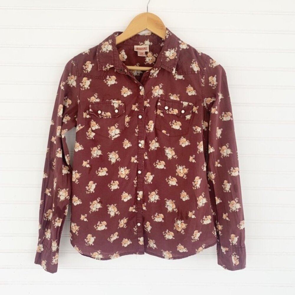 Mossimo Burgundy Floral Snap Button Down Top Size M